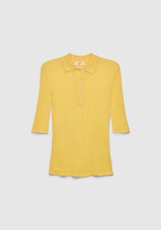 A yellow short-sleeve knit top with a fitted silhouette, featuring a small pointed collar and a buttoned placket, displayed against a plain background.