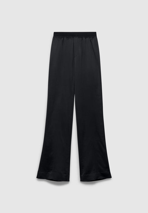 A pair of black wide-leg pants with a relaxed fit, featuring an elastic waistband and a smooth, slightly glossy finish, displayed against a plain background.
