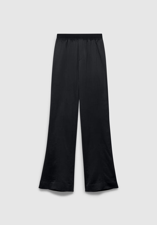 A pair of black wide-leg pants with a relaxed fit, featuring an elastic waistband and a smooth, slightly glossy finish, displayed against a plain background.
