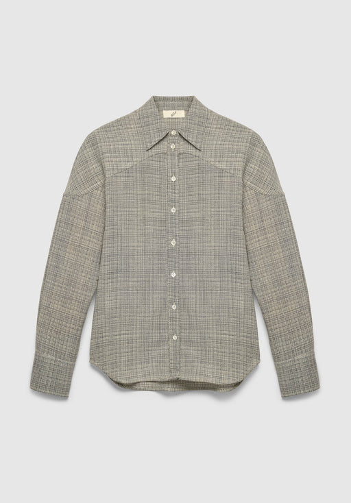 A long-sleeve button-up shirt in a textured gray fabric with a subtle woven pattern, featuring a pointed collar and a relaxed fit, displayed against a plain background.