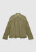An olive green long-sleeve blouse with a pointed collar and concealed button placket, featuring gathered detailing across the chest and shoulders for a loose, flowy silhouette, displayed against a plain background.