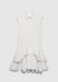 A white sleeveless shirt dress with a pointed collar and front button closure, featuring a fitted bodice and a tiered ruffled hem for a flared silhouette, displayed against a plain background.