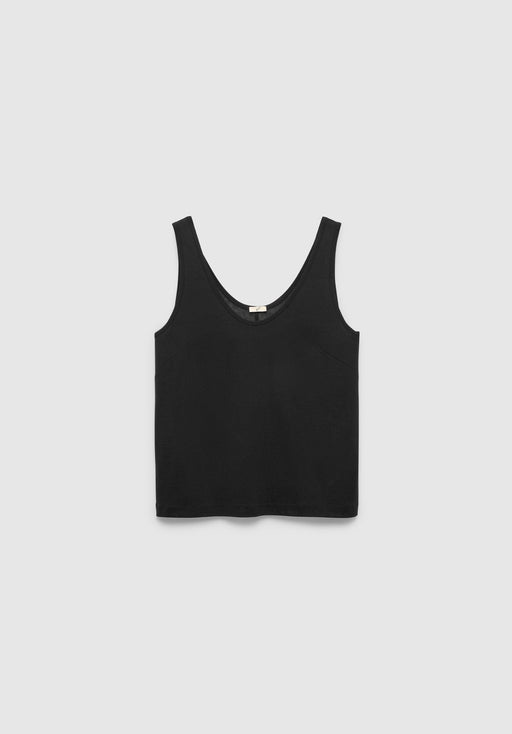 A black sleeveless tank top with a scoop neckline and a simple, fitted silhouette, displayed against a plain background.