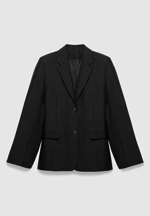 A black tailored blazer with a structured fit, featuring a notched lapel, two-button front closure, and flap pockets, displayed against a plain background.