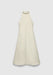A cream-colored sleeveless midi dress with a high neckline and an A-line silhouette, featuring a clean, minimal design, displayed against a plain background.