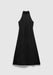 Black sleeveless A-line midi dress with a high halter neckline, minimalist design, and smooth, structured fabric, shown against a plain light background.