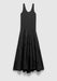 A black sleeveless midi dress with a fitted bodice and wide shoulder straps, featuring a gathered, tiered skirt that creates a full, flowing silhouette, displayed against a plain background.
