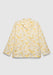 A cream-colored long-sleeve shirt with a relaxed fit, featuring a notched collar, front button closure, patch pockets, and a delicate yellow floral print, displayed against a plain background.
