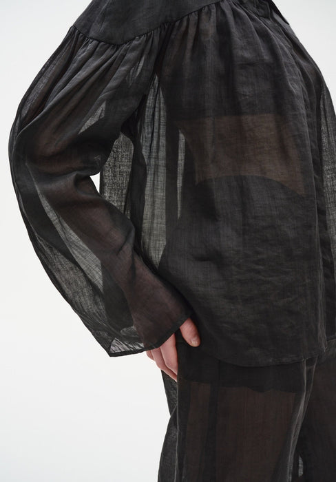 Close-up side view of a sheer black long-sleeve blouse with gathered shoulder detailing, showing the lightweight, semi-transparent fabric layered over matching trousers and revealing the silhouette beneath.