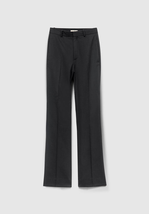 Black straight‑leg dress pants laid flat on a light gray background, showing belt loops, a front zipper closure, and a slight flare at the hem.