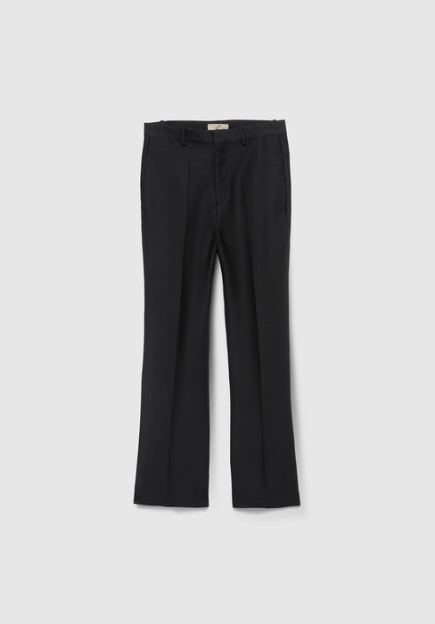 A pair of black straight‑leg dress pants laid flat on a light gray background, featuring belt loops, a front zipper with a clasp closure, and a slight flare at the hem.