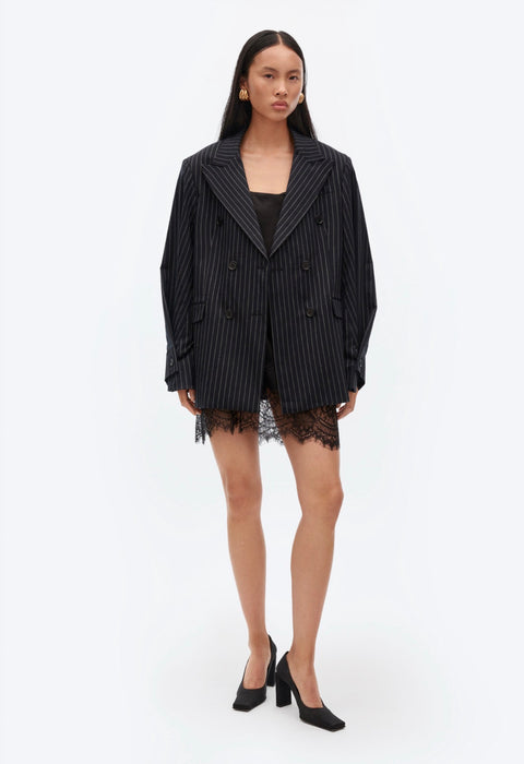 Pinstriped Double Breasted Wool Blazer